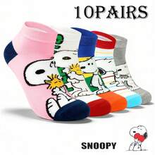 SNOOPY 1/5 pares de meias curtas de cano alto com estampas de desenhos animados, meias esportivas confortáveis e macias para mulheres, com estampas criativas de desenhos animados, modernas e versáteis. - Multicolorido - Ver 14