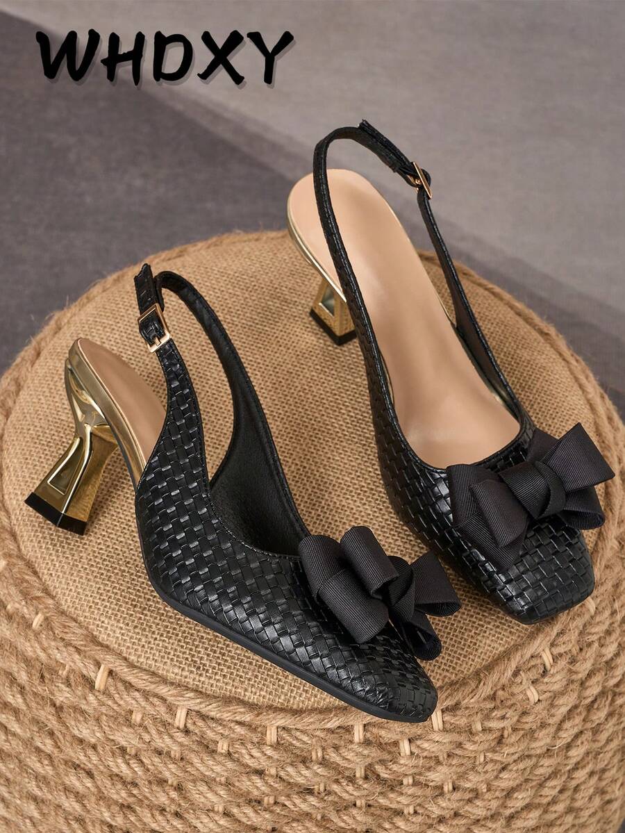 WHDXY 7cm Asymmetric Heel Backless High Heels For Women, Square Toe, Bow Decor, Elegant Dress Shoes Suitable For Commuting, Work, Dating And Party Wear - Black - View 1