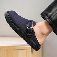 New Retro Denim Platform Mules With Metal Buckle, Slip-On Comfortable Soft Sole Backless Loafers - Royal Blue - View 9