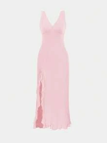 European And American Style Women's Summer New Ruffled Sexy Deep V-Neck Split Party Dress, Versatile Evening Gown Wedding Spring Fall - Light Pink # - View 2