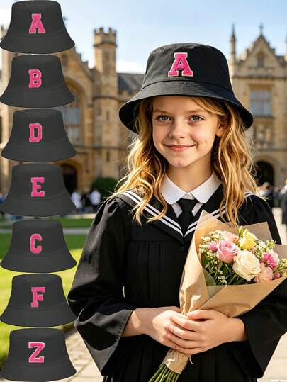 1 PC Kid's Black A-Z Letter Bucket Hat, Small Face And Sun Protection Versatile Basin Hat, Girlish Pink Bucket Hat, Foldable Hat For Spring And Summer Outings, Hiking Camping Beach Streetwear, Perfect For Family Trips Fits Ages 3-16Y