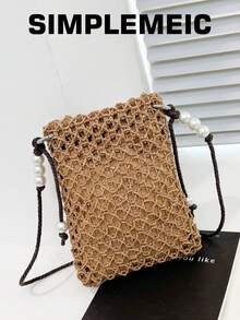 Pochette de téléphone en paille tressée à ouverture supérieure avec décoration de perles minimaliste, sac de plage d'été pour femmes, sac à provisions léger pour maquillage et pièces de monnaie, sac bandoulière - Kaki - Voir 2