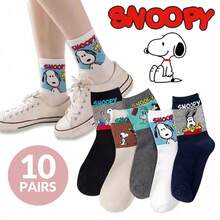 SNOOPY 1/3/5/10双装卡通时尚中筒袜，男女通用，舒适柔软运动袜，季节性中筒袜，史努比卡通图案，百搭柔软舒适袜 - 彩色 - 查看 14
