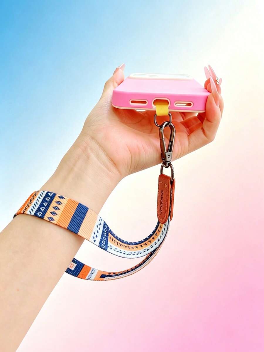 1 pieza Cordón de muñeca grueso y trenzado con clip de hoja de bambú y patrón floral vintage para funda de teléfono móvil - Multicolor - Ver 1
