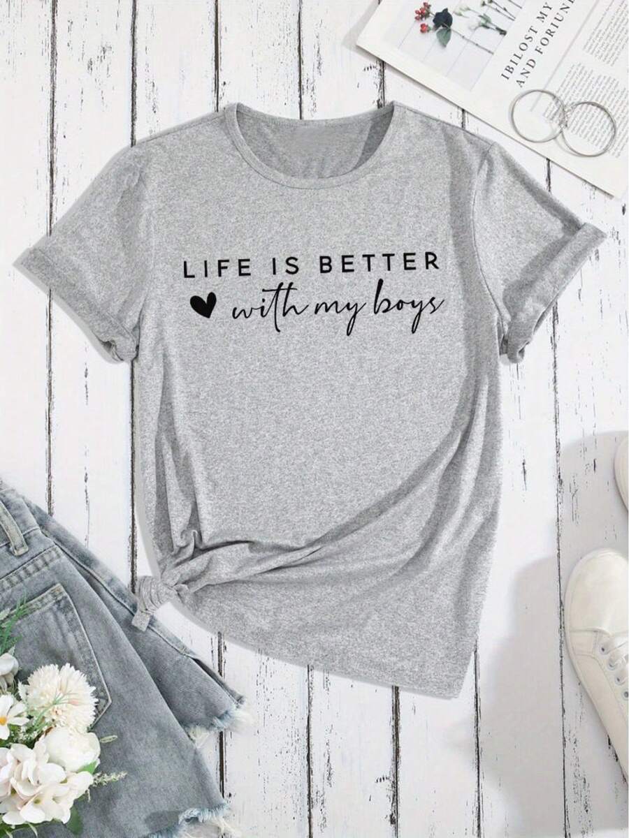 Life Will Be Better With My Mom, Mom Shirt, Mom Life, Ladieswear'S Day Gift Digital,Women's Graphic Tee, Casual Summer Daily Top - 灰色 - 查看 1