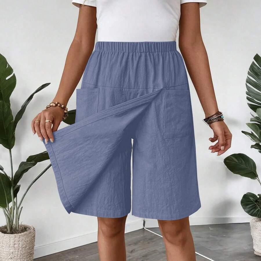 Nueva moda para mujer, pantalones cortos informales con bolsillo y cintura elástica de Color sólido, culottes ligeros y acogedores para verano - Azul - Ver 1
