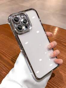 奢华水钻亮片电镀银色手机壳，带镜头膜，适用于 17 Pro Max/17 Pro/17 Air/17/16 Pro Max/16/16 Pro/16 Plus/16e/15/15 Pro Max/15 Pro/15 Plus/11/12/13/14 Pro Max/11 Pro/11 Pro Max/12 Pro/12 Pro Max/13 Pro/13 Pro Max/14 Pro/14 Pro Max/14 Plus/13 Mini/12 Mini，简约创意优雅电镀银色饰边软壳 - 銀色+亮閃閃鏡頭膜 - 查看 1