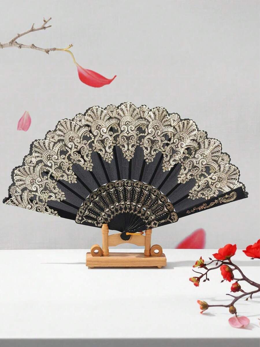 Abanico plegable de mano blanco con flor dorada para mujer, abanico de moda para baile, festival, accesorios - Multicolor - Ver 1