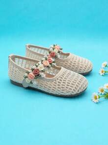3-12 Years Old Girls 1 Pair Cream & Apricot Hollow Mesh 3D Floral Cluster Pearl Decor Breathable Non-Slip Soft Bottom Mary Jane Princess Flat Shoes, Pastoral Fairy Style Best Seller For Spring/Summer Outdoor Matching - Beige - View 8