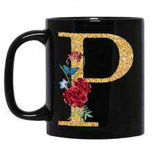 1pc Gold Letter & Floral Print Ceramic Coffee Mug, Beautiful & Practical Gift For Women, Girls, Office, Home Use - Black - View 33