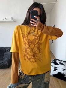 TopstopsCoolane Women's & Men's Spring/Summer Couple Same Style Streetwear Goth Grunge Punk Casual Vintage  Cotton Graphics Comfortable Round Neck Patchwork Brown And Beige Oversized Long Sleeve  T-ShirtLoose And Comfortablesummer Topssummer Tops - 黃色 - 查看 4