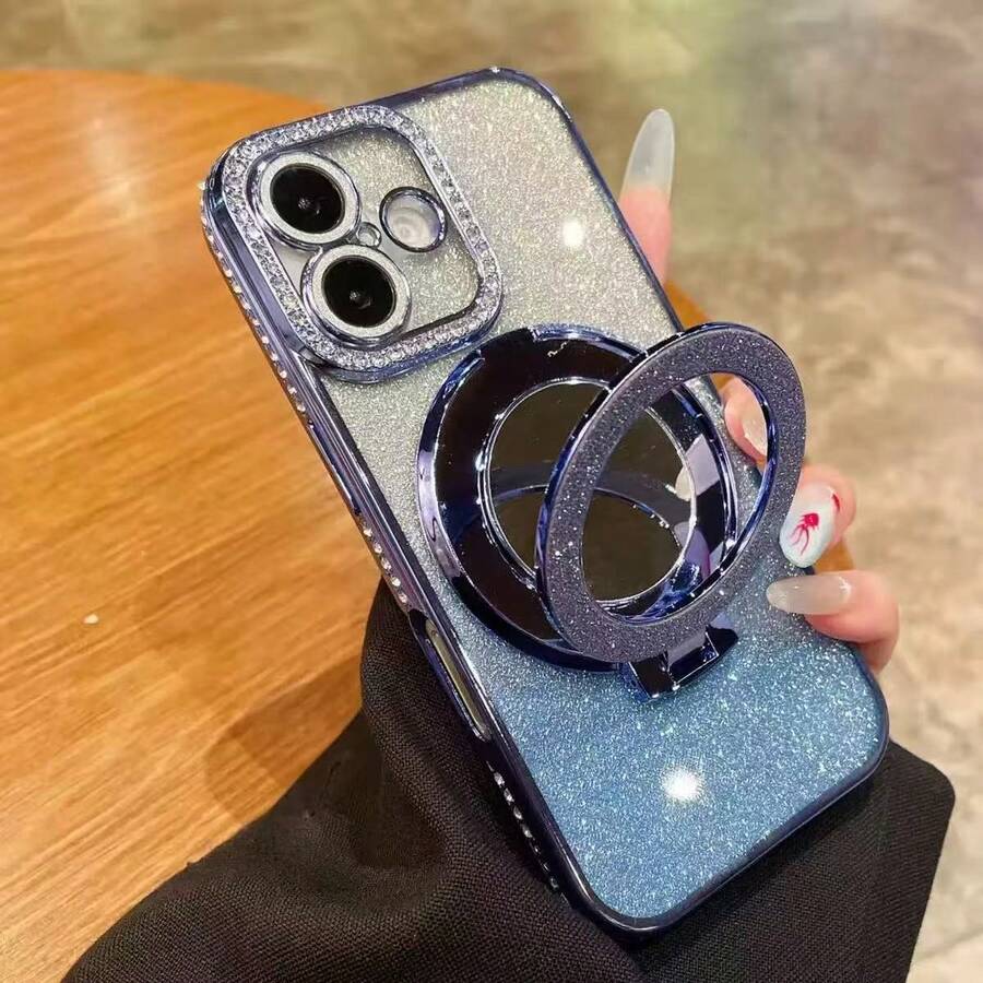 奢华闪亮水晶镜片保护电镀防震手机壳，带闪光化妆镜指环支架，高品质防震防摔手机壳，国际版，兼容 17/16E/15/14/13/12/11/X/XS Max/XR/Pro Plus，Galaxy S26/S26 Ultra/S26 Plus/A02S-A07/A12-A17/A22-A26/A32-A36/A50-A56/S20-S25，Reno等型号 - 藍色 - 查看 1