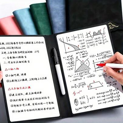 A5 Reusable Whiteboard Notebook With Faux Leather Cover - Portable Weekly Planner, Math Formulas And Illustrations, Clean Erasable, Includes Pen And Cloth, Great For Office And School, Suitable For Halloween, Thanksgiving, Christmas
