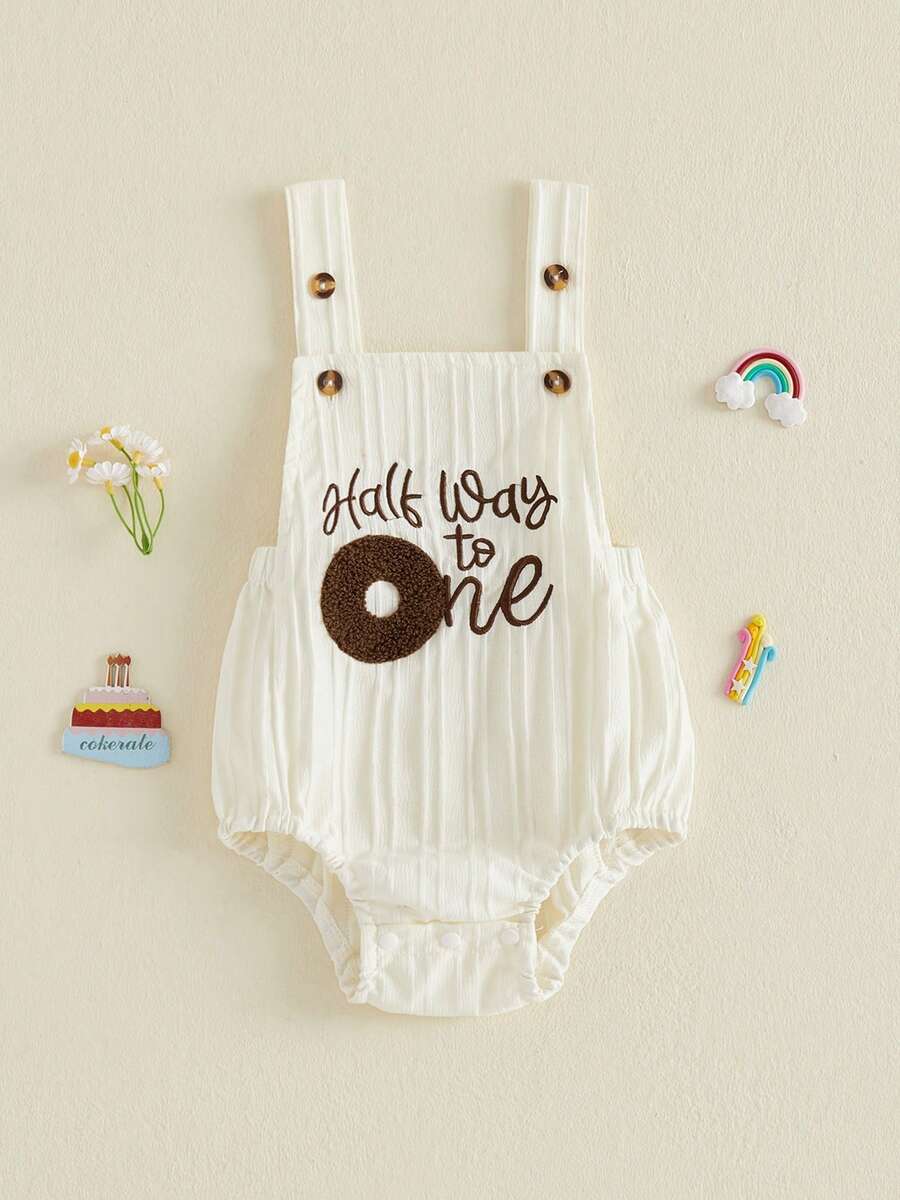 乳幼児 女の子 男の子 夏 ハーフバースデー衣装 ロンパース おしゃれなハーフ刺繍 ノースリーブジャンプスーツ 新生児服 0-12ヶ月 - ベージュ - チェックする 1