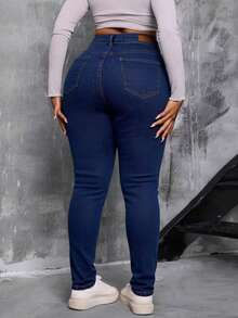 Curvy Size Skinny Jeans In Dark Wash Denim, Medium Stretch - Deep Blue - View 4