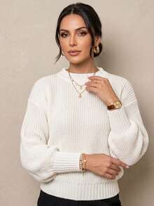 Women's Long-Sleeved Sweater With A Crew Neck, Ribbed Knit, And Regular Length. - White - View 1