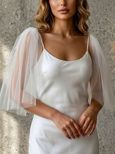 1 对纯色伴娘披肩，适合新娘婚礼派对的时尚臂套，可拆卸柔软雪纺，适合多种场合，适合女士秋季服装