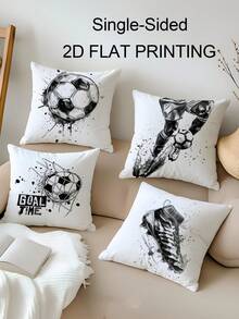4pcs Black & White Soccer Print 2D Flat Printing Throw Pillow Covers, Single-Sided Printed, Soft, Grunge Football, Soccer Shoes & "Goal Time" Quote Pillow Covers, Suitable For Sports Fans, Washable, Durable, Perfect For Living Room, Bedroom, Sofas, Couches Decoration, Single-Sided Design, Not Real Embroidery, Zippered - Multicolor - View 5