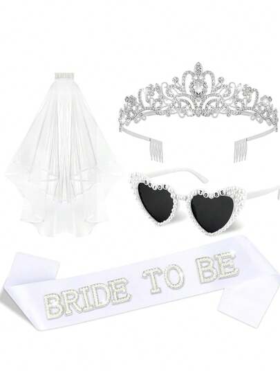 Set de 4 piezas que incluye velo, gafas de moda, tirantes y corona, adecuado para decoración de sorpresa de boda, decoración de boda, decoración del hogar para boda, fiesta al aire libre de boda, decoración de fotos de boda, decoración de fiesta de aniversario de boda, despedida de soltera