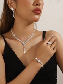 Conjunto de 3 piezas de collar, aretes y pulsera con flor de circonita micro-incrustada, elegante y versátil, adecuado para uso diario, citas universitarias, bodas y fiestas, regalo ideal para el Día de San Valentín y días festivos - Conjunto de collar de moda - Ver 9