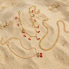 3Pcs/Set Cherry Charm Anklets, Gold Plated Layered Chain Ankle Bracelets, Adjustable Beach Foot Jewelry For Women & Girls - Multicolor - View 3