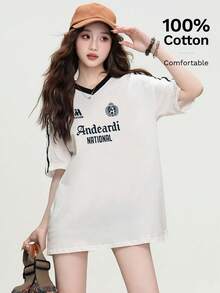JUTU 100% Katun, Kaos Lengan Pendek Longgar Bergaris Leher V, Kasual untuk Pantai, Cocok untuk Musim Semi, Musim Panas, Musim Gugur - 634 Krem dan Hitam - KJ224 - View 2