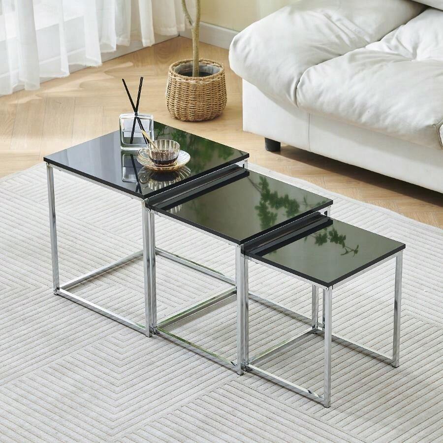 Set Of 3 Nesting Coffee Tables For Living Room, Nest Of 3 Nested Tables Sofa Side Table Coffee Table End Tables Space Saving - 黑色 - 查看 1