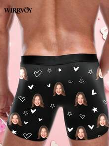 1pc Men's Customized Face Photo Print Briefs, Personalized Heart Star Pattern Underwear, 9 Sizes XXS-XXXL, Anniversary Birthday Gift - Black - View 5