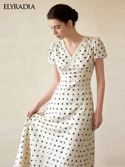 ELYRADIA Đầm nữ thanh lịch chấm bi dài ngang gối, cổ chữ V phối ren, tay áo cánh hoa, kiểu dáng thời trang thường ngày phong cách bohemian, thích hợp cho kỳ nghỉ hè, đi biển.