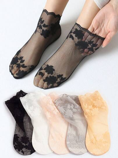 5 Pairs Women's Summer Thin Lace Invisible Socks, Silicone Non-Slip Low-Cut Seamless Socks (No Cardboard)