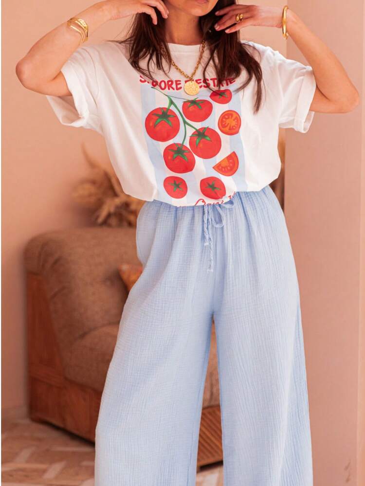 Solid Color Elastic Waist Wide Leg Pants, Casual Elegant Suitable For Home, School, Daily, Vacation, Spring/Summer/Autumn New Arrival - Light Blue - View 5