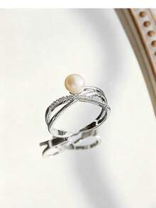 1 件波西米亚风格个性化微镶嵌锆石珍珠开口戒指 - 銀色 - 查看 3