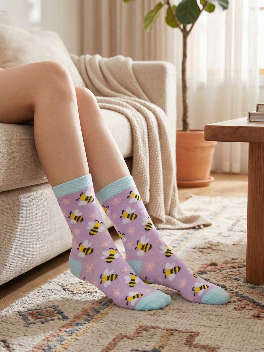 1/3 Paia Di Calzini Lavorati A Maglia Con Motivo Ape Carino, Calzini Casual Freschi E Dolci Per Uso Quotidiano, Calzini Comodi Adatti Per Primavera/Estate/Autunno, Regalo Per Amanti Delle Api