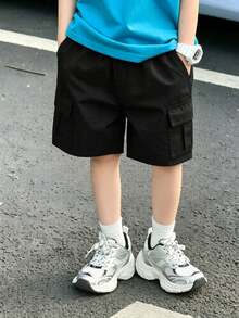 1 Stück Kleine Jungen, vielseitige Mode Cargo Shorts mit großer Tasche und geradem Bein - Schwarz - Übersicht 1
