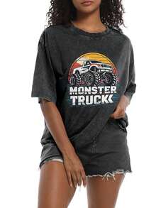 Monster Trucks Are My Jam Vintage Retro Monster Truck Lover  Washed Black Distressed T Shirt Unisex Retro Oversized Short Sleeve Top For Skateboarding And Casual Outings Cosplay, - Black - View 5