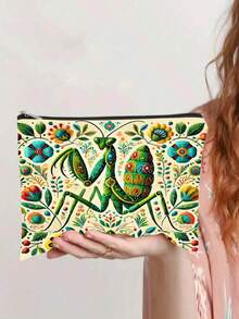 异想天开的民间艺术昆虫印花化妆包，瓢虫和螳螂主题便携式拉链袋 - 彩色 - 查看 2