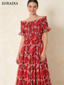 ELYRADIA Váy maxi nữ đi biển mùa hè phong cách Bohemian, trễ vai, xòe gấu, dáng suông thoải mái - Đỏ - Xem 6
