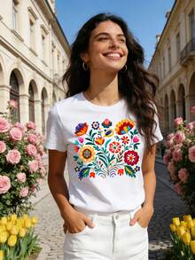Mexican-Style T-Shirt With A Colorful Floral Print Featuring Festive Motifs, Casual Short-Sleeved Top With A Round Neck For Women. DWRM - 白色 - 查看 5