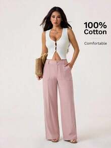 PETITE Pantalones rectos de cintura baja de 100% algodón lavado, pantalones de lino para mujer, pantalones de verano, pantalones anchos de mujer, pantalones de verano, otoño y ropa de otoño para mujer - Rosa vieja - Ver 6