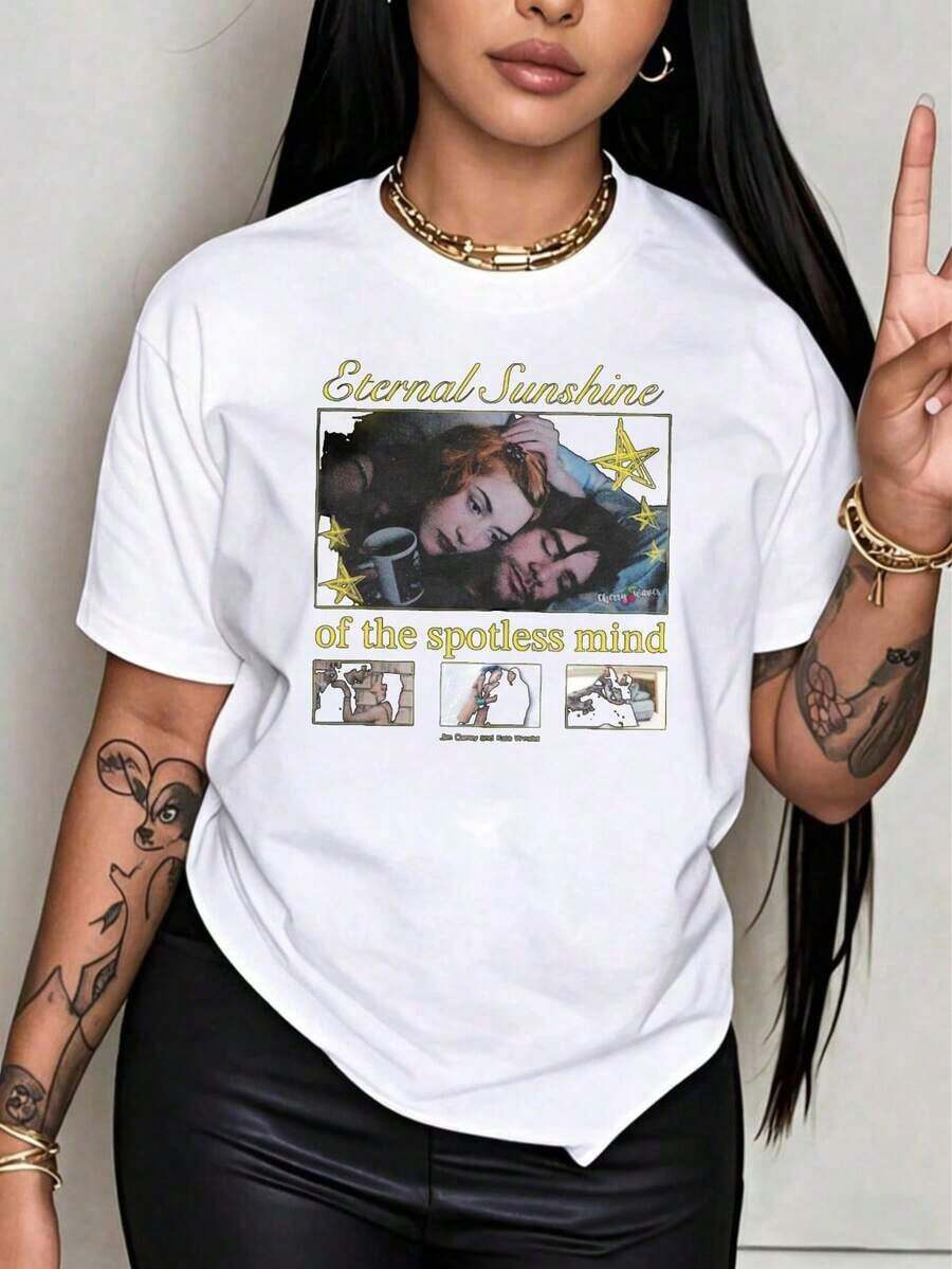 T-shirt graphique unisexe en coton 220 g, col rond, manches courtes, drapeau du Mexique, imprimé amusant, inspiré du film Eternal Sunshine of the Spotless Mind, pour femmes et hommes. En coton, imprimé graphique. Haut décontracté unisexe, idéal comme cadeau de Noël, produit vintage pour les fans de groupes musicaux, vêtements pour les fans d'icônes de la musique. - Blanc - Voir 1