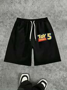 Disney Toy Story Themed Printed Casual Set, Round Neck Short Sleeved Casual T-Shirt And Drawstring Waist Shorts Set For Boyfriend Gift, Suitable For Outings, Vacations, And Comfortable Wear - 黑+黑 - 查看 3