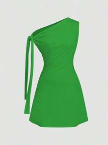 Vestido corto asimétrico elegante burdeos, diseño con lazos en hombro y pliegues en cintura, ideal para citas, fiestas y ocasiones de otoño e invierno - Verde - Ver 7