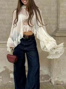 Boho Coquette Sheer Ruffle Kimono - Flowy Chiffon Open Front Cover-Up With Neck Scarf - Trắng ngà - Xem 6