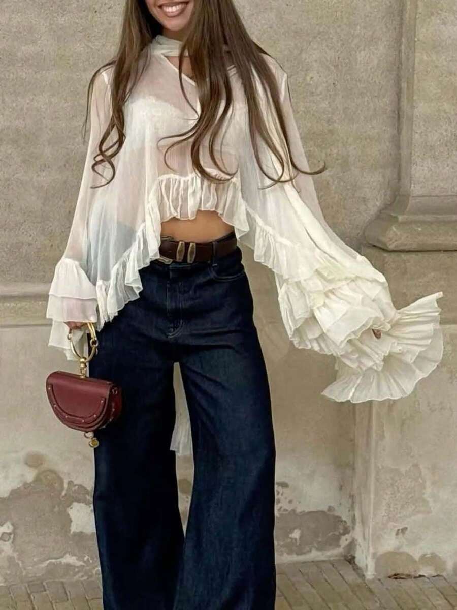 Boho Coquette Sheer Ruffle Kimono - Flowy Chiffon Open Front Cover-Up With Neck Scarf - Ivory White - View 1