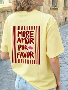 1件女款夏季寬鬆休閒圓領短袖T恤上衣，「MORE AMOR POR FAVOR」條紋印花圖案T恤，適合派對、度假、辦公、日常、約會、聚會、街頭穿搭，夏季首選T恤上衣 - 黃色 - 查看 6