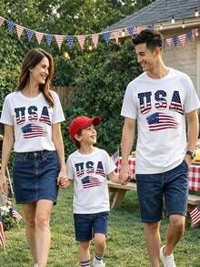 USA 4th Of July Family Matching Shirts, Patriotic USA Flag Tees, American Independence Day Whole Family Outfits - 男士白色 - 查看 1