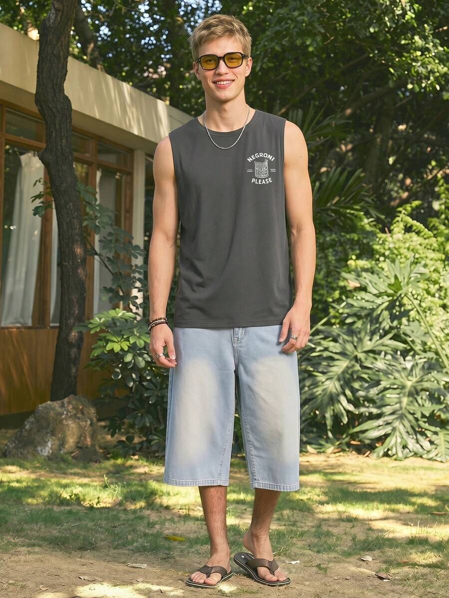 Men's Summer Letter Print Round Neck Casual Loose Tank Top , Retro American, Unisex, Relaxed Fit Summer Outfits – Suitable For Everyday Wear And Summer Holiday Outfits. - Dark Grey - View 1
