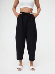 Women High Waist Drawstring Harem Pants Loose Fit Lightweight Summer Casual Trousers - Black - View 2