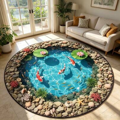 1pc Realistic 3D Water Ripple Koi Pond Circular Carpet, New Chinese Style Lotus Pond Moonlight Healing Home Decor Mat, Suitable For Game Room/Bedroom/Living Room/Kitchen, Great Gift For Partner, Friends, Family
