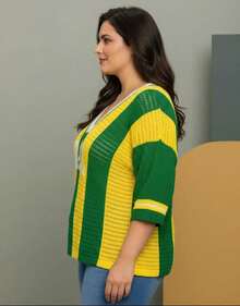 Brazil Women's Plus Size V-Neck Knit Blouse, Sizes M To XL, Brazilian National Team Style - 黃色 - 查看 5